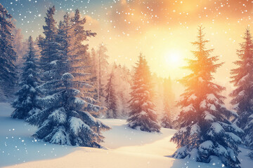 Fototapeta premium Snow landscape at sunset frozen pine trees covered 