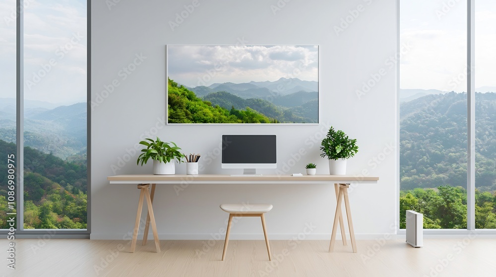 Poster Sleek and modern interior frame mockup displayed on the wall with an aerial view of a professional workspace setup featuring a desk computer and other office essentials in a clean
