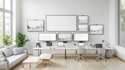 Bright and Airy Living Room Wall Backdrop with Aerial View of Organized Office Setup Featuring Multiple Computer Monitors on a Long Wooden Table