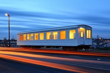 Fototapeta premium Illuminated Train Car Against a Twilight Sky with Motion Blur