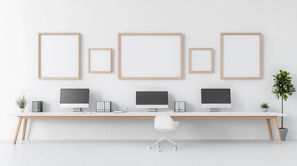 Obraz premium Elegant living room featuring a floating frame mockup displayed on the wall paired with an aerial view of a clean organized office workspace with computers set up on a long table