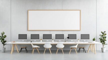 Overhead View of Organized Modern Office Workspace with Frame Mockup Displayed on Wall   Multiple Monitors and Office Equipment on Long Desk