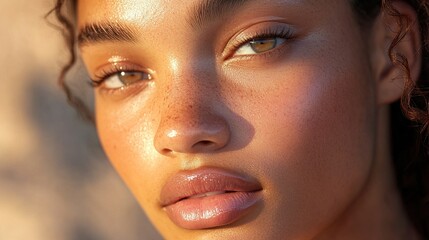 Close-Up Portrait of a Beautiful Woman with Glowing Skin, Freckles, and Curly Hair, Highlighting Natural Beauty and Radiance in Soft Lighting for Stock Photography