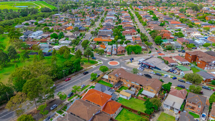 Panoramic aerial drone view of western Sydney Suburbs of Canterbury Burwood Ashfield Marrickville Campsie with Houses roads and parks in Sydney New South Wales NSW Australia