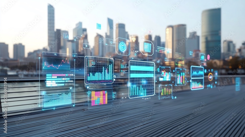 Poster A futuristic pier with a city skyline in the background showcasing interconnected business nodes and floating 3D data charts in an industrial tone representing the convergence of technology finance