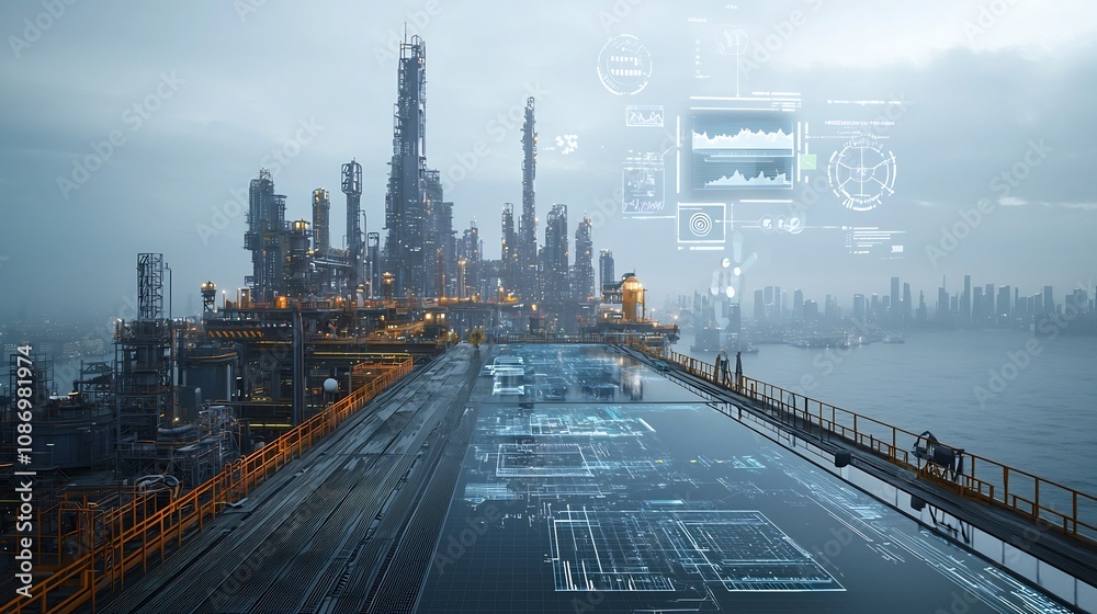 Leinwandbilder Futuristic pier overlooking a bustling digital city with floating 3D graphs and a dynamic network of information and data visualization