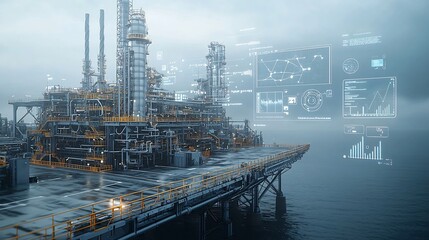 Futuristic pier overlooking a bustling metropolitan skyline with interactive 3D digital graphs and data visualizations floating in the air