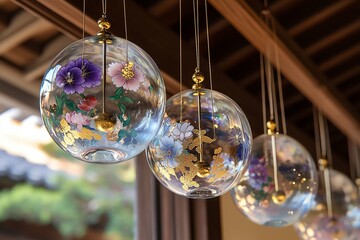 Traditional round wind chimes sway beneath the eaves, beautiful clear glass halos with gold leaf accents.