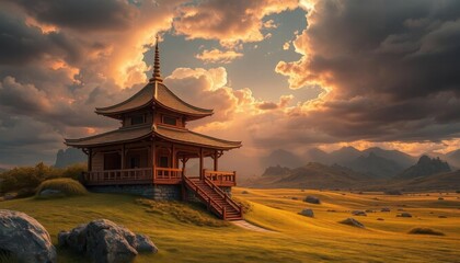 Fototapeta premium a large pagoda sits on a grassy hill under a cloudy sky