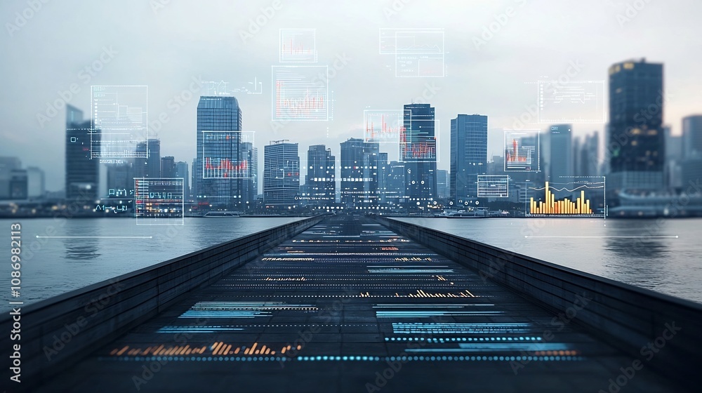 Fototapete Futuristic pier overlooking a dynamic cityscape with an advanced digital network and floating 3D data charts in an industrial tone showcasing the of technology and urban development