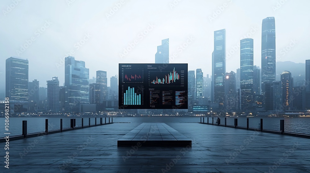 Poster Futuristic pier with floating 3D data charts and global communications network overlooking a modern industrial toned cityscape in the distance  Represents the of technology data