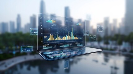 Pier with a futuristic cityscape and an advanced digital network showcasing floating 3D data charts in an industrial and modern tone representing technological progress big data analytics