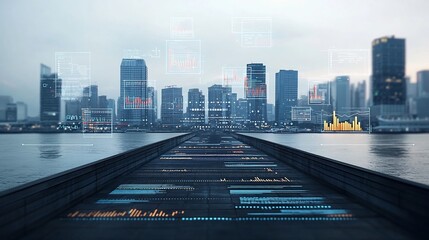 Futuristic pier overlooking a dynamic cityscape with an advanced digital network and floating 3D data charts in an industrial tone showcasing the of technology and urban development