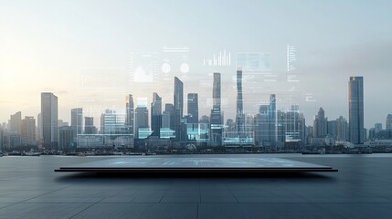 Futuristic pier overlooking a large cityscape with a global communications network and floating 3D data charts and visualizations in an industrial toned setting