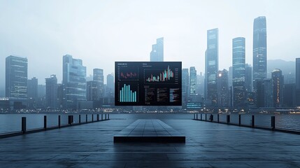 Futuristic pier with floating 3D data charts and global communications network overlooking a modern industrial toned cityscape in the distance  Represents the of technology data
