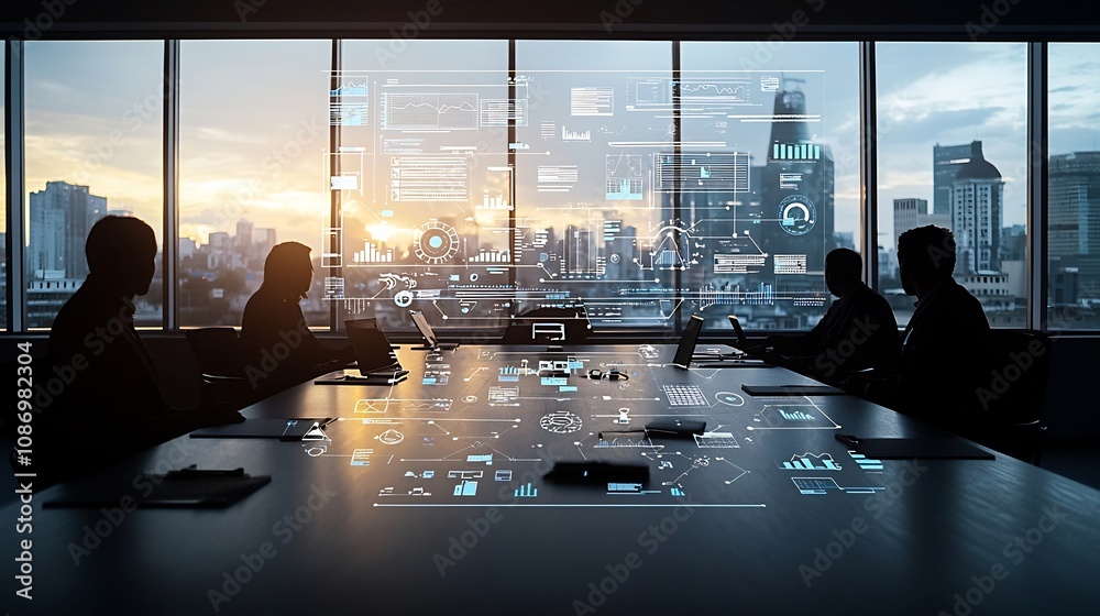 Aufkleber group of silhouetted business professionals collaborating and strategizing around a conference table