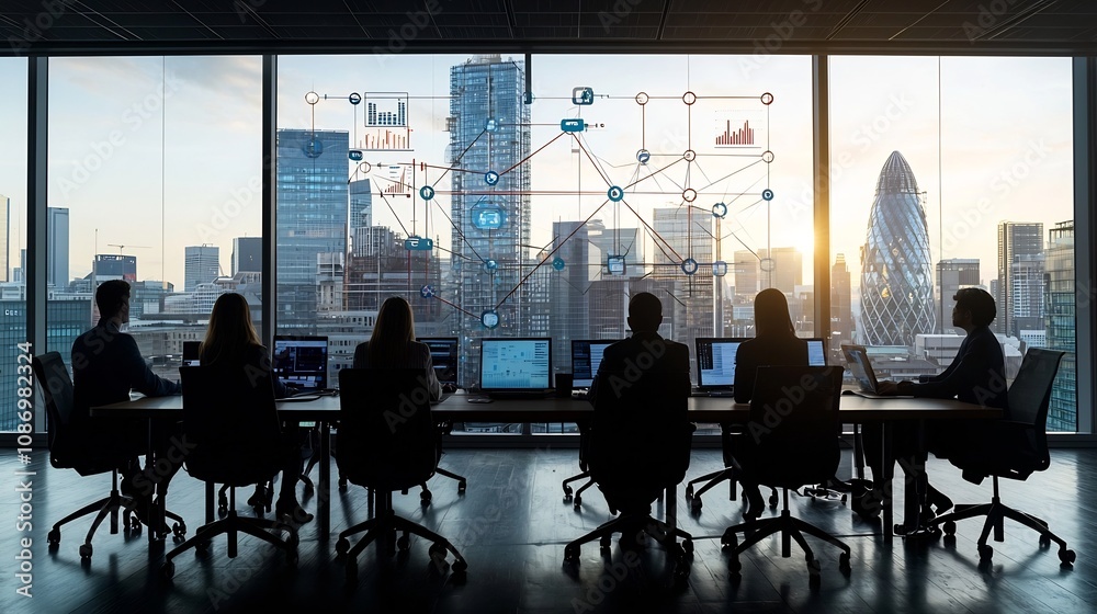 Aufkleber silhouetted group of professionals gathered around a conference table near a window engaged in digit