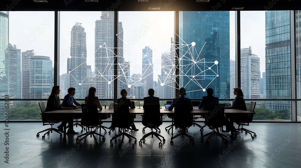 Poster Silhouetted group of business professionals gathered around a conference table discussing data analytics tools and digital business solutions near a large window