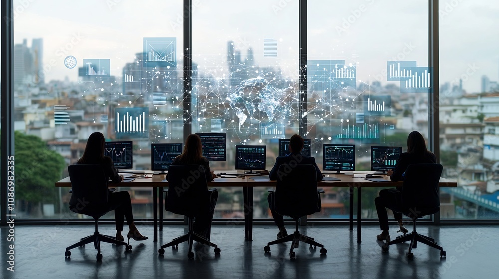 Poster Silhouetted business team sitting by the window discussing and analyzing global network and 3D data graphs during an important meeting or conference