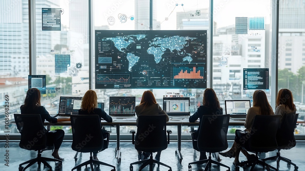 Poster Silhouettes of people sitting in a corporate meeting by the window surrounded by a global network and floating 3D data graphs