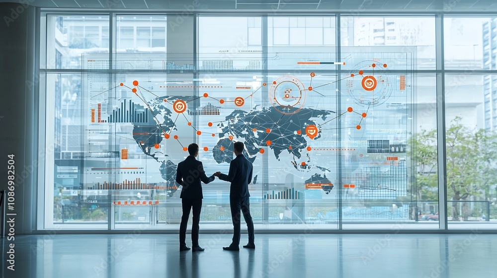 Poster Silhouetted business leaders meeting near large window with interconnected global nodes and floating digital data charts in the background representing corporate strategy technology