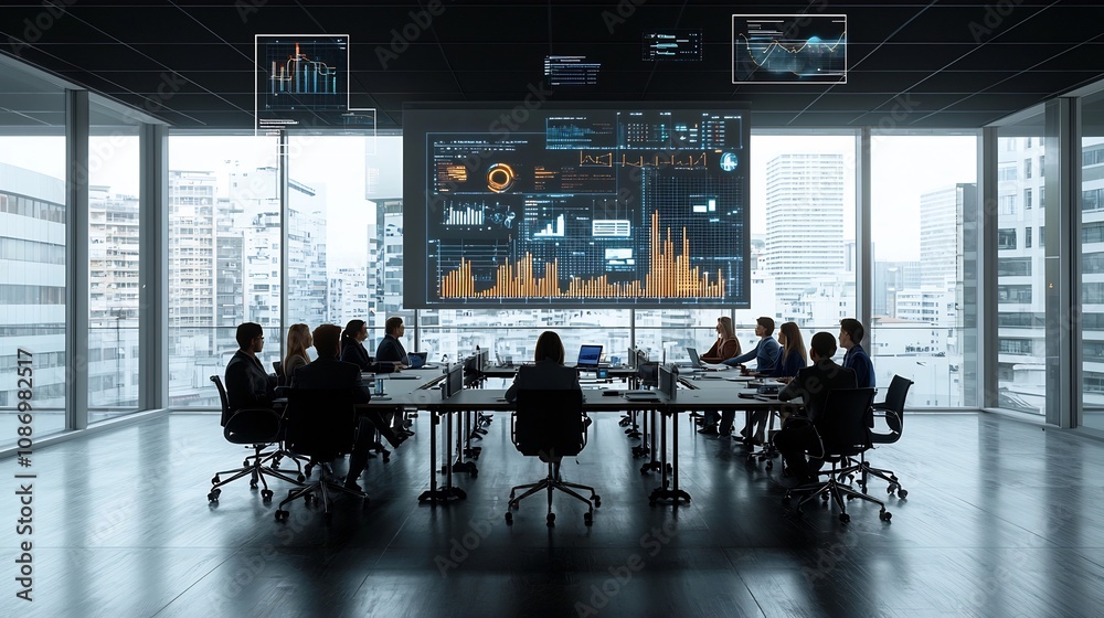 Poster Silhouettes of business professionals in a modern meeting room using advanced technology like data visualization graphs and charts to collaborate plan and strategize for the future