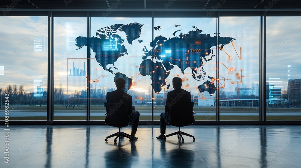 Aufkleber Silhouetted corporate team meeting by a large window with interconnected global nodes and floating digital data charts in the background representing data driven decision making
