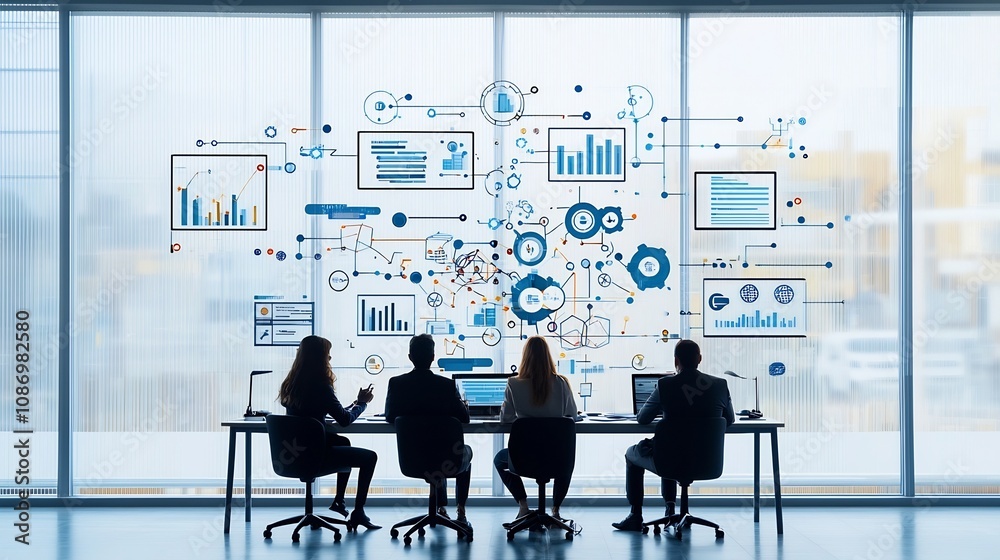 Poster Silhouetted business team gathered around a table surrounded by digital analysis graphs and global network nodes during an important meeting by the window