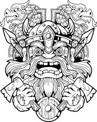 Funny scandinavian viking, outline illustration design