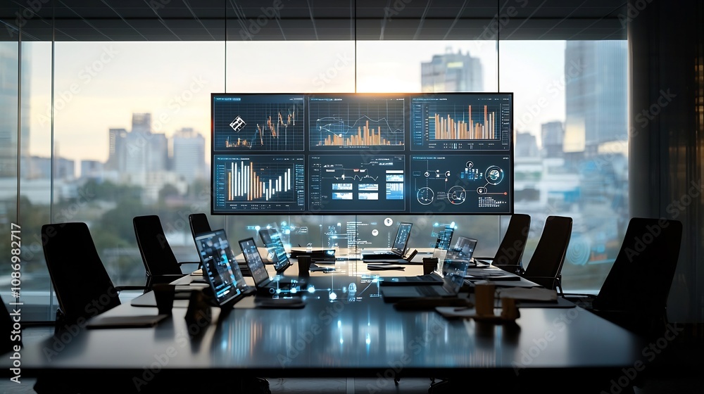 Poster Silhouette view of a business meeting taking place in an office setting surrounded by 3D data analysis tools and an interconnected global network symbolizing strategic planning