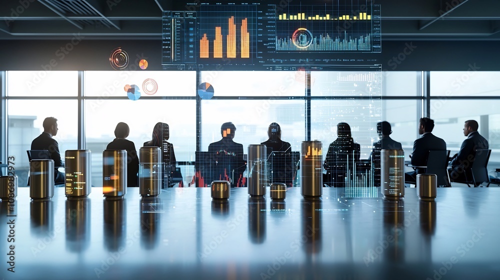 Aufkleber Silhouetted figures of people collaborating in a conference room setting surrounded by a modern digital network and floating 3D data charts representing data analysis strategy