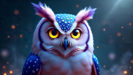 Obraz premium An Enchanting Close-Up of a Wise Owl Illuminated by Night Sky Reflections and Dreamy Elements in Pastel Colors