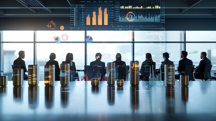 Silhouetted figures of people collaborating in a conference room setting surrounded by a modern digital network and floating 3D data charts representing data analysis strategy
