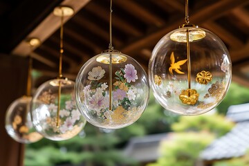 Traditional round wind chimes sway beneath the eaves, beautiful clear glass halos with gold leaf accents.