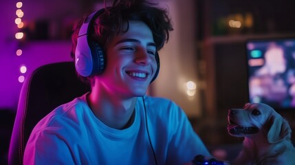 A teenager, wearing headphones, sits in a gaming chair bathed in purple and blue light