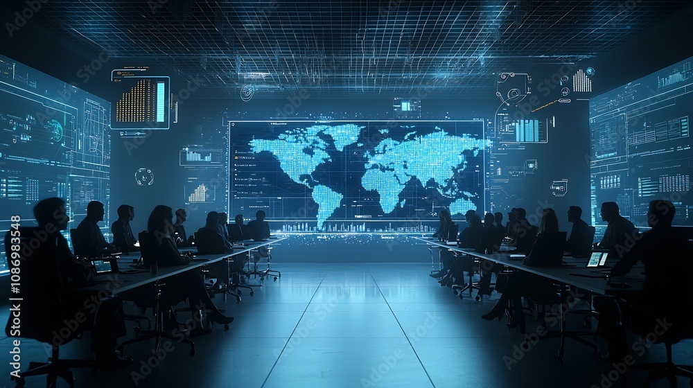 Poster Silhouetted business team gathered in a meeting surrounded by a global network of nodes and floating 3D data visualization tools representing the modern digital and decision making process