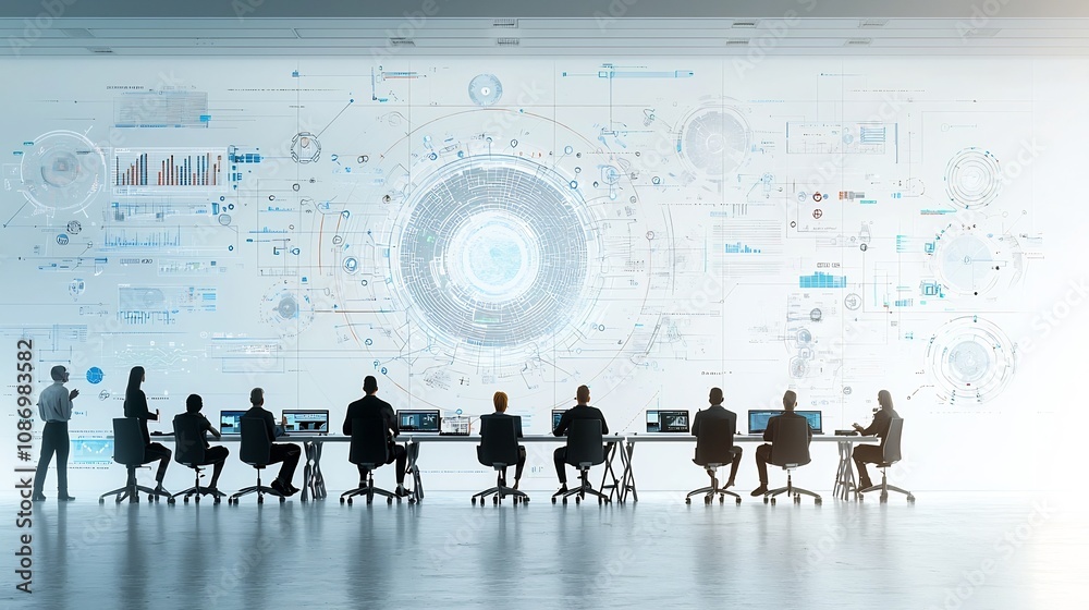 Poster Silhouetted figures in a sleek modern meeting room surrounded by digital analysis tools and interconnected nodes creating a futuristic technology driven scene of business strategy and innovation