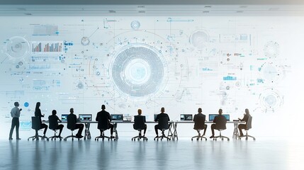 Silhouetted figures in a sleek modern meeting room surrounded by digital analysis tools and interconnected nodes creating a futuristic technology driven scene of business strategy and innovation