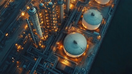 Aerial view of an illuminated industrial plant at night.