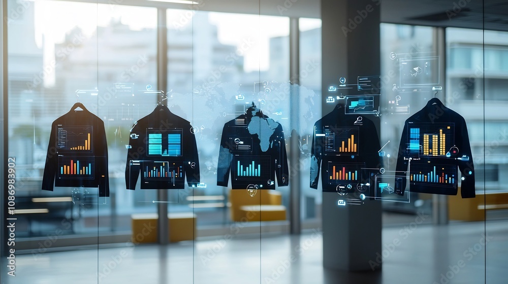 Poster Silhouette Business Meeting with Floating Data Charts and Interactive Global Network  Concept of corporate strategy data driven decision making