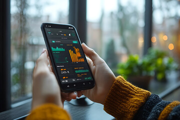 A person using a smartphone to check their credit score online, with a sleek digital interface showing a score gauge, emphasizing financial health monitoring.
