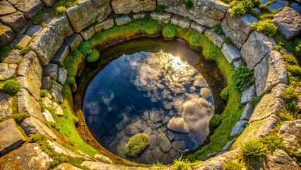 Serene Stone Well Reflecting a Cloudy Sky at Sunset