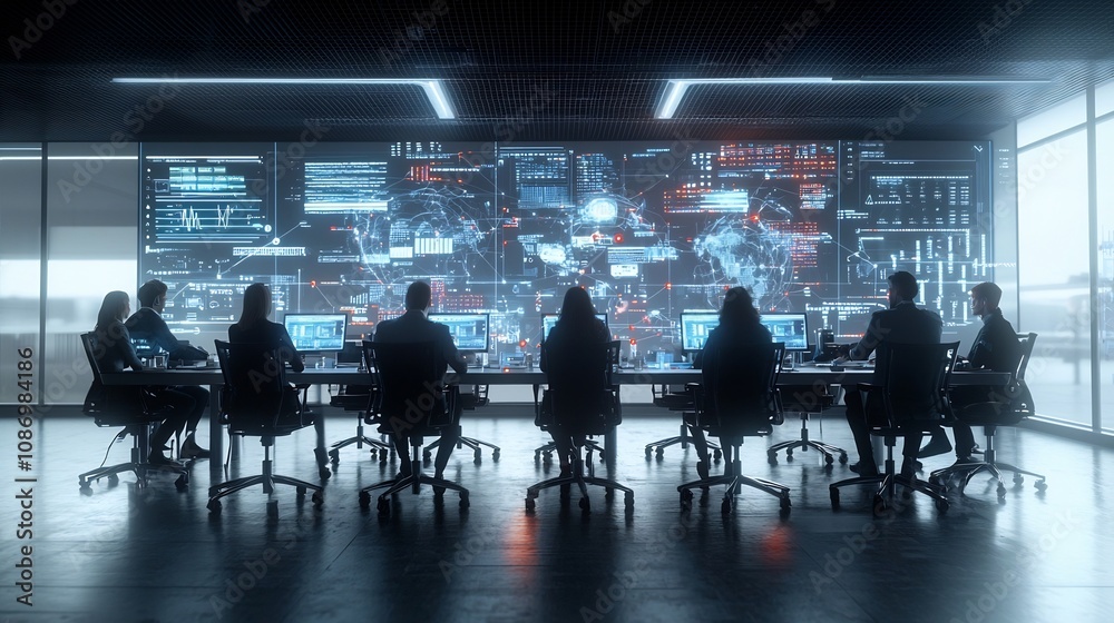 Poster Futuristic high tech meeting room with silhouettes of individuals surrounded by data visualizations and global communication nodes conveying a cyberpunk inspired tone of innovation technology