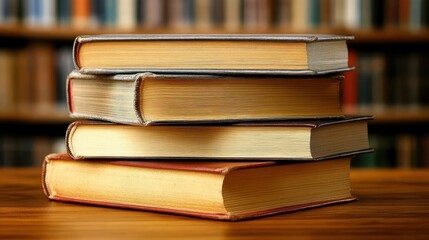 stack of books against the background of library, stack of books in front of library, books on wooden table