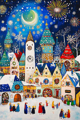 Obraz premium Festive Christmas market. Winter old town with Christmas tree on European city square. People shopping at holiday market. Characters on street in winter time, festive city scene. Hand drawn postcard