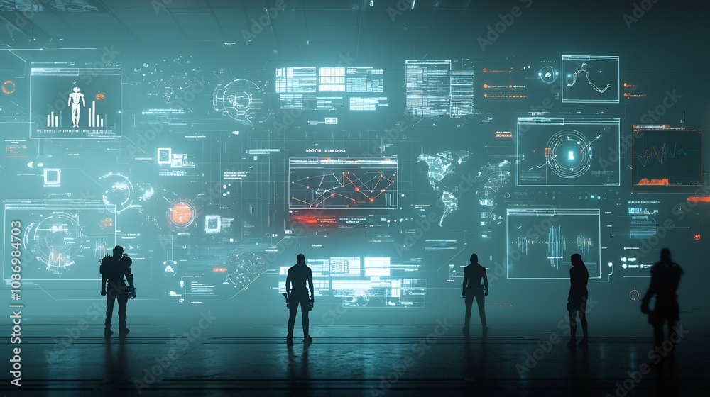 Poster A collaborative digital workspace setting with silhouetted figures surrounded by floating interactive graphs global communication visuals and a futuristic cyberpunk inspired theme