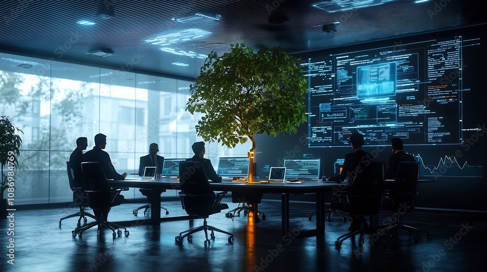 Poster Futuristic executive boardroom with holographic data visualizations illuminated global tech networks and a silhouetted team of business leaders brainstorming innovative strategies