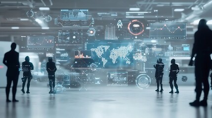 A collaborative cyberpunk themed setting with silhouetted figures surrounded by floating interactive data visualizations global communication graphics and futuristic technology elements
