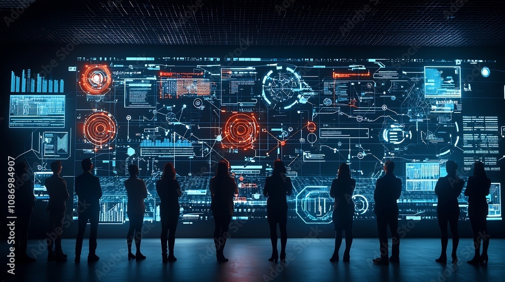 Poster silhouettes of professionals in a global business meeting within a futuristic digital environment fe