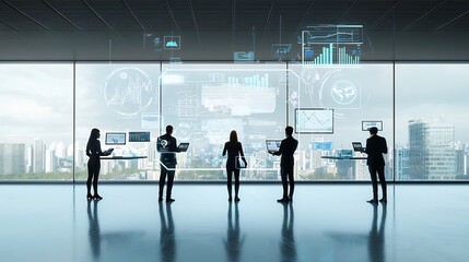 Silhouetted business professionals collaborating in a futuristic cyberpunk inspired office setting with panoramic views of the cityscape and floating holographic digital tools  The minimalist